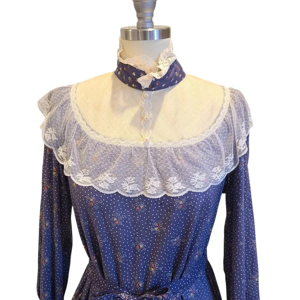 Gunne Sax Dress Purple Prairie Cottage Core Floral Lace Size 11 Vintage 70s Blue - Picture 2 of 8